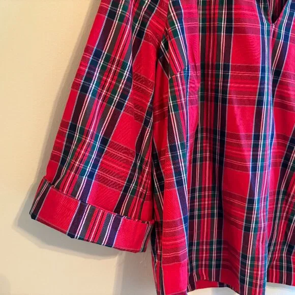 Red plaid printed split neck top - Picture 3 of 3